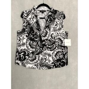 Ellen Tracy Linen Blend Top Women's Medium Ruffle in Black Batik Floral NEW